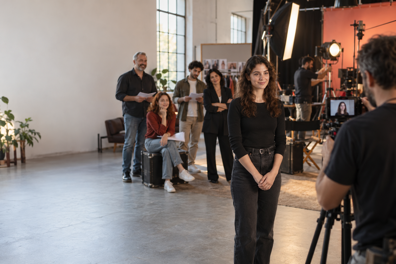Persoană filmată în timpul unei selecții de casting, într-un studio